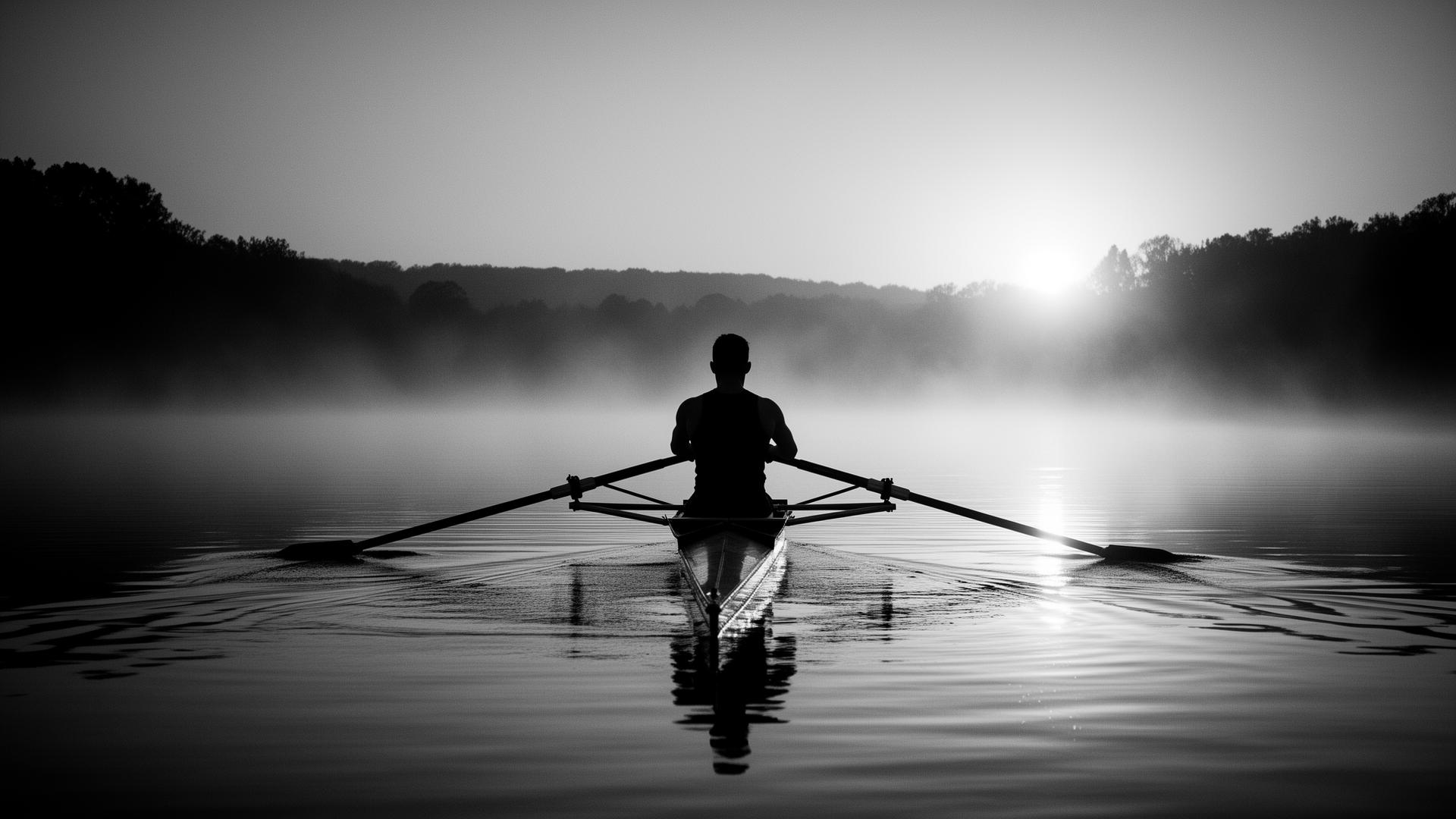 Remero solitario navegando hacia el horizonte al amanecer